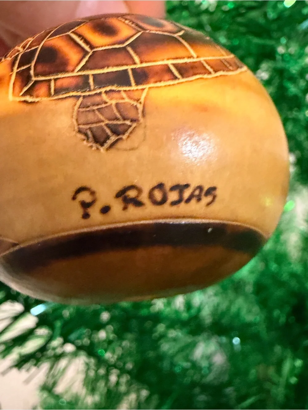 VTG Peruvian Handmade Sea Turtle Carved Christmas Gourd Ornament Signed P. Rojas